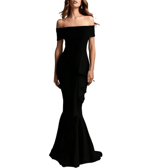 NEW Betsy & Adam BLACK Carina OFF THE SHOULDER Crepe RUFFLE Mermaid GOWN - Picture 2 of 13